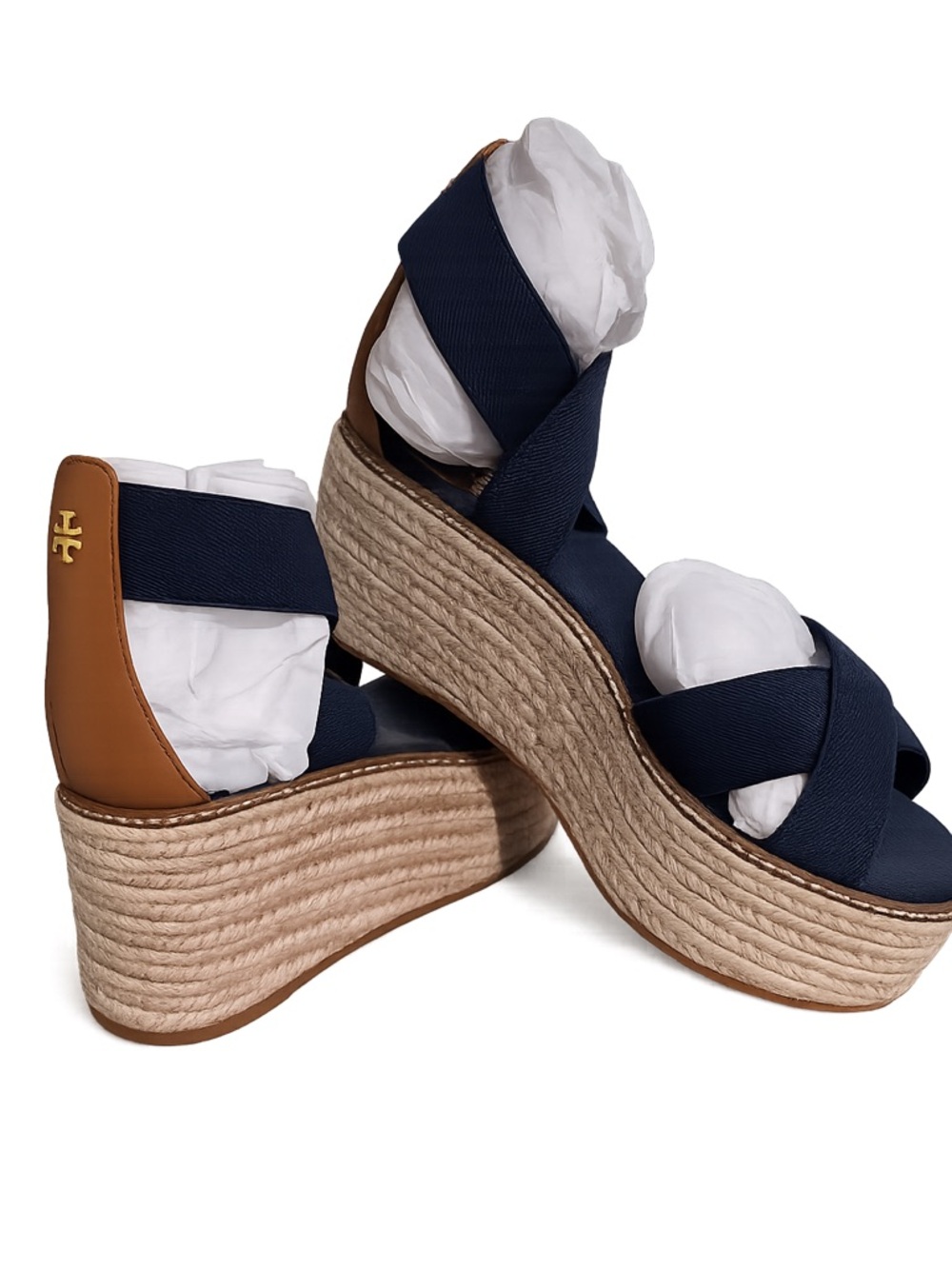 Tory Burch Navy Crisscross Espadrille Wedge Sandals with Tan Heel
